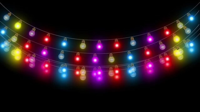Christmas string lights, New Year, blinking, twinkling, Background animation footage. colorful lamps,light show for new year design. party, Christmas or new year background. bulb flashing light bulbs.