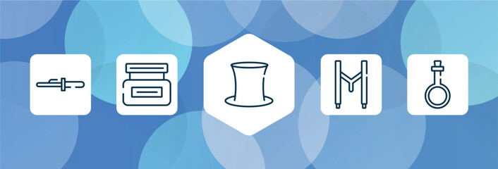 beauty outline icon set isolated on blue abstract background. thin line icons such as curling tongs, hair cream, tall hat, suspenders, potions vector. can be used for web and mobile.