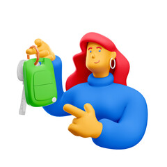 3d illustration. Cartoon girl 3d character with car keys.