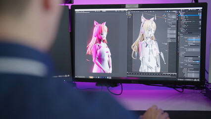 Male artist designing 3D anime girl waifu on computer monitor