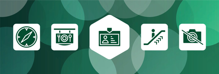 in the airport filled icon set isolated on abstract background. glyph icons such as compass with white face, restaurant, pass card, upwards or, no photography vector. can be used for web and mobile.