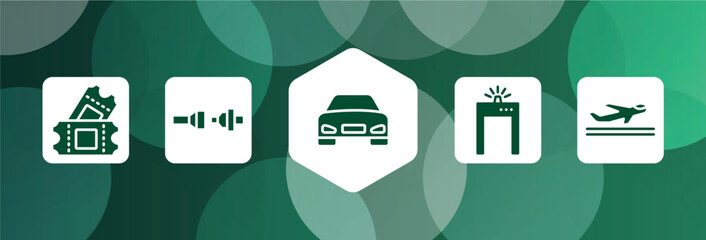 in the airport filled icon set isolated on abstract background. glyph icons such as ticket card, fasten your seatbelts, front car, metal detector gate, departures vector. can be used for web and