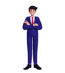 Young businessman 3d cartoon character In formal suit smiling and standing with arms crossed to the chest or folded. 3d illustration