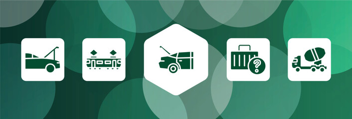 transporters filled icon set isolated on abstract background. glyph icons such as hood open, tram side view, trunk open, lost and found, concrete mixer truck side view vector. can be used for web