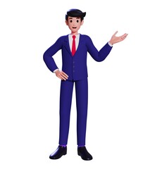 A businessman standing and holding his hand on his waist and pointing aside. A cheerful man with a formal suit showing a product in his hand with blank space aside. 3d illustration
