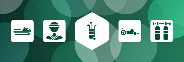 diving filled icon set isolated on abstract background. glyph icons such as speedboat, judoka, golf caddy, kart racing, gas cilinder vector. can be used for web and mobile.