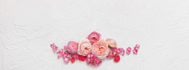Dekoration aus Rosen in pink auf weißem Stuck Hintergrund. Panorama mit Textfreiraum. Blumen...