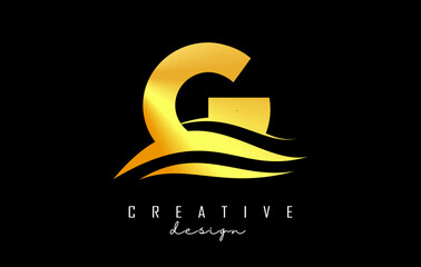 Water effect golden letter G logo with leading lines. Letter with geometric and waves design.Vector Illustration with letter and creative cuts.