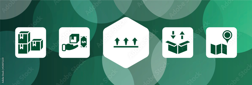 Poster shipping and handly filled icon set isolated on abstract background. glyph icons such as stack packa