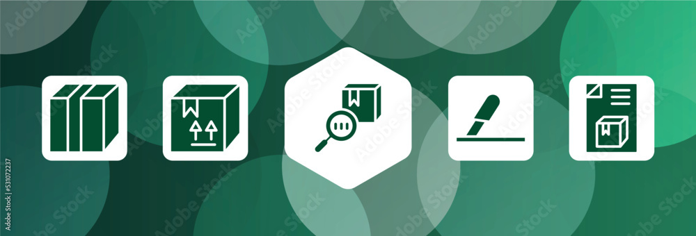 Aufkleber product delivery filled icon set isolated on abstract background. glyph icons such as closed cardboa