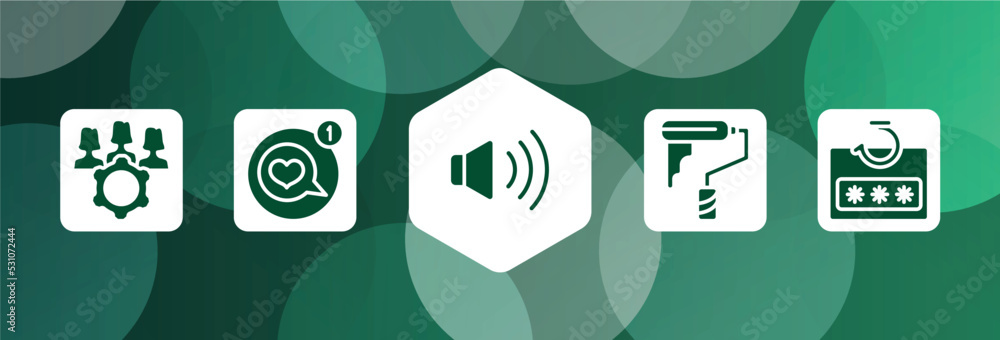Poster general filled icon set isolated on abstract background. glyph icons such as project team, message a