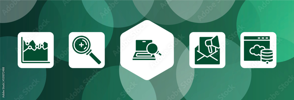 Poster marketing and seo filled icon set isolated on abstract background. glyph icons such as dual chart, z