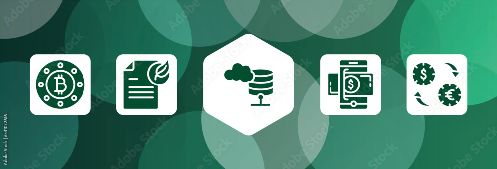 Poster business and finance filled icon set isolated on abstract background. glyph icons such as bit round 