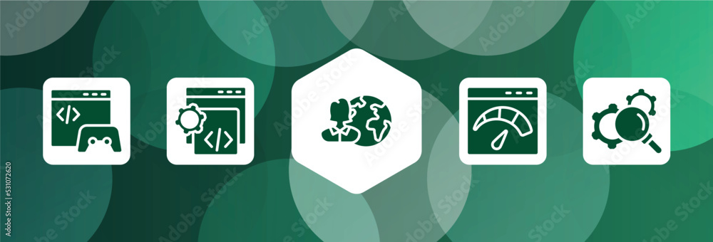 Poster marketing and seo filled icon set isolated on abstract background. glyph icons such as game developi