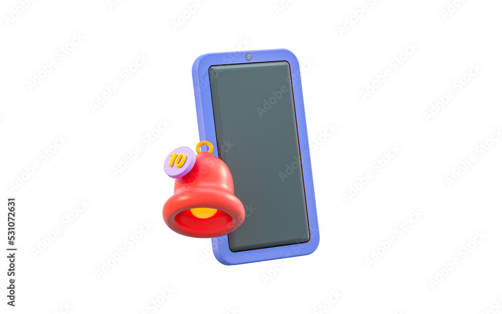 Poster smart phone with notifications bell sign 3d render concept for mobile sms alert sound notification