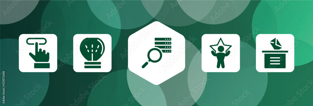 Poster voting filled icon set isolated on abstract background. glyph icons such as subscription, lightbulb 