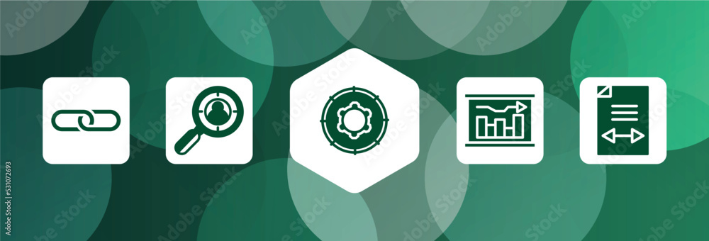Poster product management filled icon set isolated on abstract background. glyph icons such as link, headhu