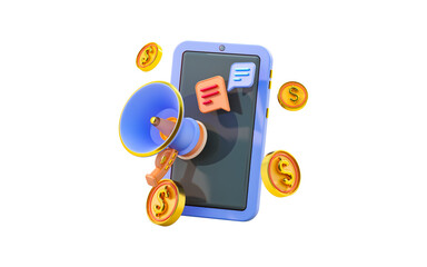 smartphone with megaphone message chat dollar coin sign 3d render concept for reference earning