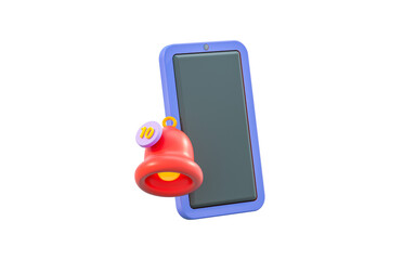 smart phone with notifications bell sign 3d render concept for mobile SMS alert sound notification