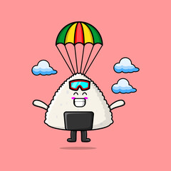 Cute mascot cartoon Rice japanese sushi is skydiving with parachute and happy gesture 