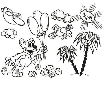 A set of children's pictures. Cartoon fairy tale characters. Cartoon coloring book black and white Children's illustration. Print, pattern.