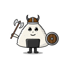 Cute cartoon character Rice japanese sushi viking pirate with hat and holding ax and shield