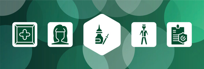insurance filled icon set isolated on abstract background. glyph icons such as cross inside a square, woman dark long hair shape, drops of medicine, male surgeon wearing uniform, medical insurance