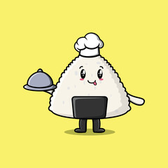 Cute Cartoon chef rice japanese sushi mascot character serving food on tray cute style design