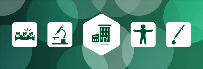 medicine filled icon set isolated on abstract background. glyph icons such as misaligned, lab microscope, hospital with three floors, standing human body, medicine dropper vector. can be used for