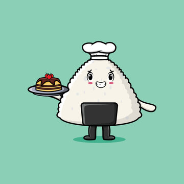 recommend clip art: Cute Cartoon chef rice japanese sushi character serving cake on tray cute style design in flat cartoon style concept