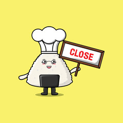Cute cartoon rice japanese sushi chef character holding close sign board designs  