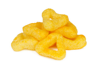 Crispy corn snacks on a white background, close-up.