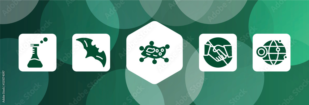 Poster filled icon set isolated on abstract background. glyph icons such as flask, bat, infection, no hands