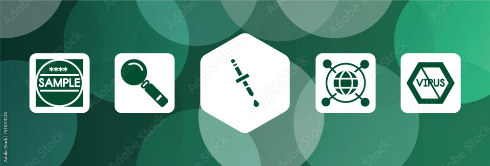 Poster filled icon set isolated on abstract background. glyph icons such as sample, magnifying glass, pipet
