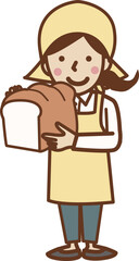 パンを持つエプロン姿の笑顔の女性。