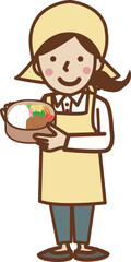 お弁当を持つエプロン姿の笑顔の女性。