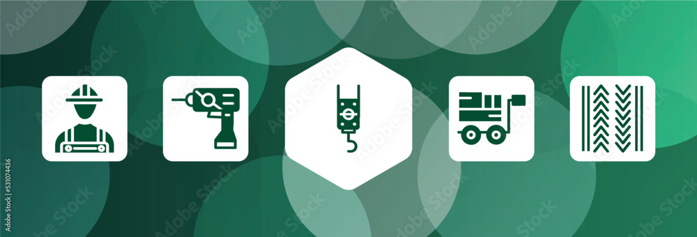 Poster work tools filled icon set isolated on abstract background. glyph icons such as constructor hand dra