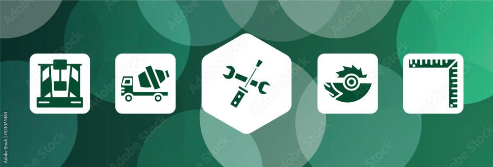 Poster constructicons filled icon set isolated on abstract background. glyph icons such as derrick with box
