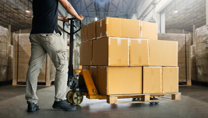 Workers Unloading Packaging Boxes on Pallets in Warehouse. Cartons Cardboard Boxes. Shipping Warehouse. Delivery. Shipment Goods. Supply Chain. Distribution Supplies Warehouse Logistics  - obrazy, fototapety, plakaty