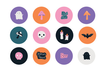 Collection of Halloween doodle vector elements such as pumpkin, bat, scull, candle and mushrooms. For invitation, stickers and cards