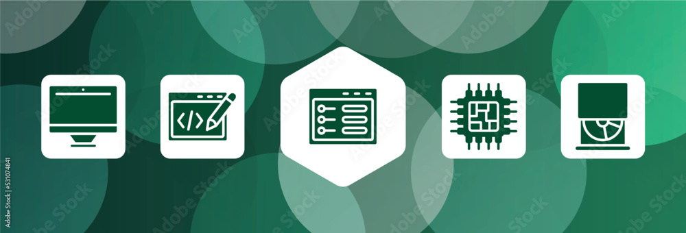 Poster computer and hardware filled icon set isolated on abstract background. glyph icons such as monitors,