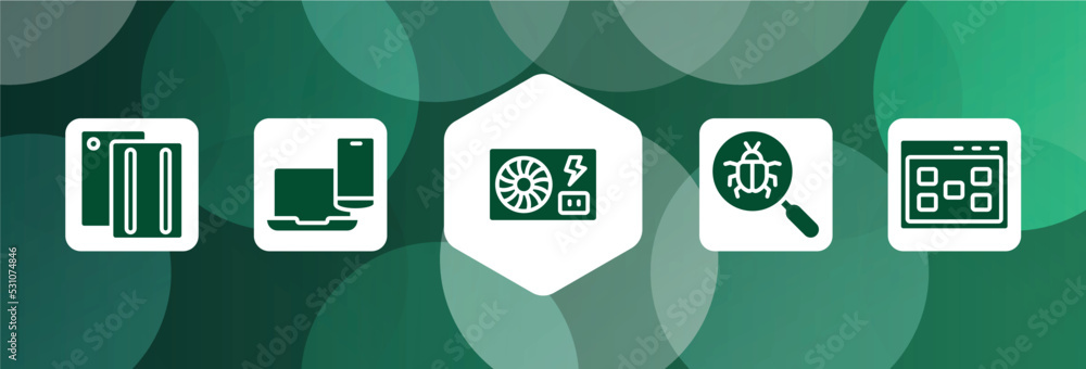 Poster programming line craft filled icon set isolated on abstract background. glyph icons such as case, mu