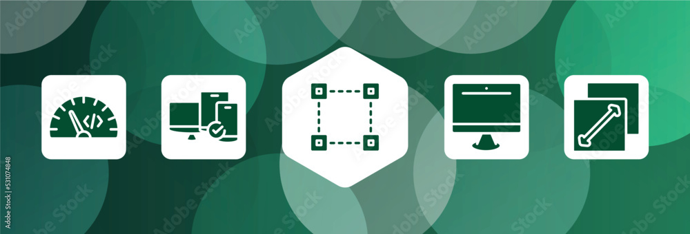 Poster responsive web filled icon set isolated on abstract background. glyph icons such as code rate, table