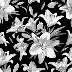 White flowers - Lily. Seamless floral pattern on black background. Spring illustration.