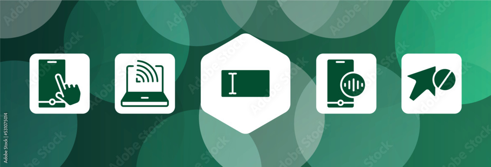 Poster cursors and pointers filled icon set isolated on abstract background. glyph icons such as touch scre