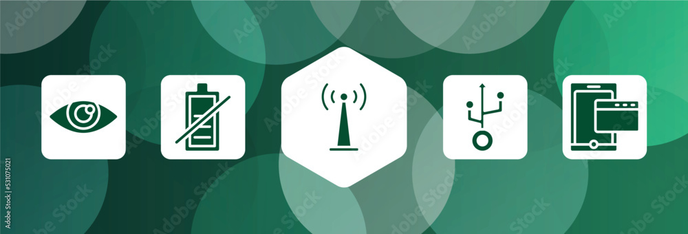 Poster responsive web filled icon set isolated on abstract background. glyph icons such as shiny eye, batte