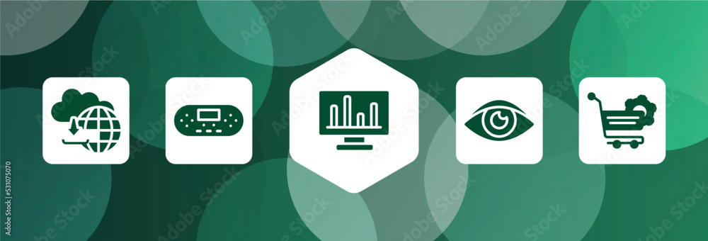 Poster computer and media filled icon set isolated on abstract background. glyph icons such as cloud upload