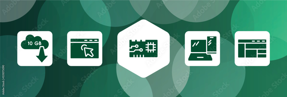 Poster computer and media filled icon set isolated on abstract background. glyph icons such as 10 gb downlo