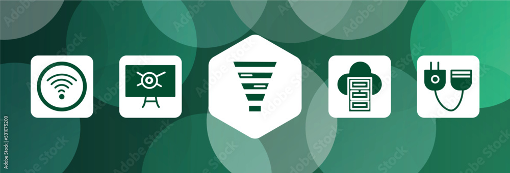 Poster computer and media filled icon set isolated on abstract background. glyph icons such as wifi connect