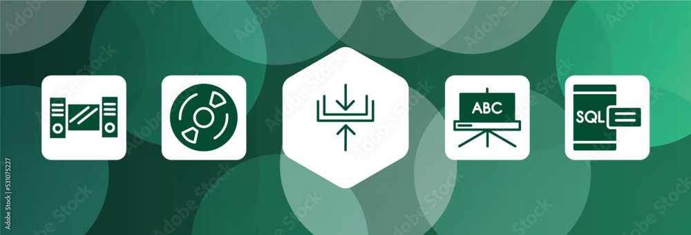 Poster big data filled icon set isolated on abstract background. glyph icons such as workstation, cds, comp
